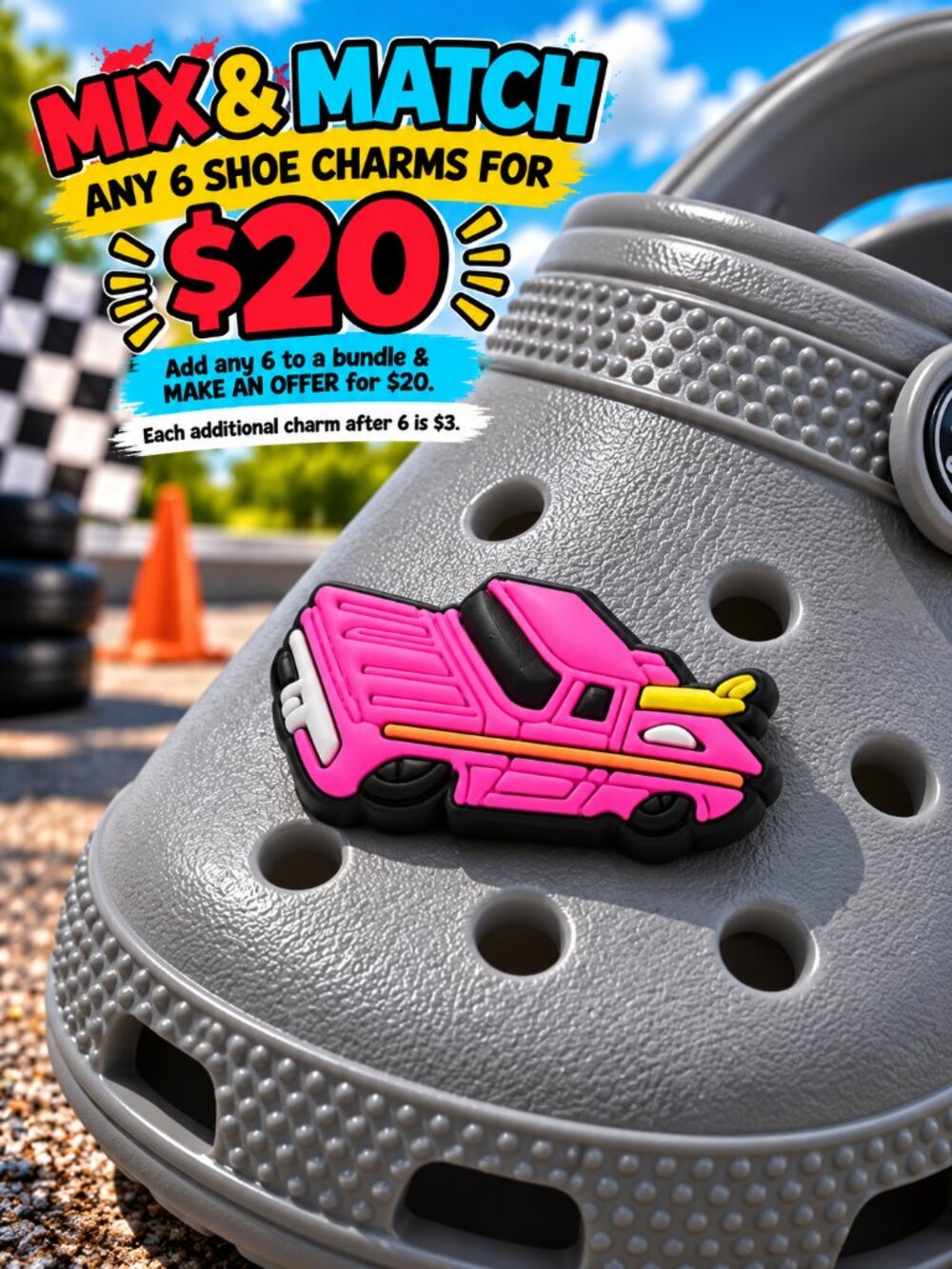 Hot Pink Lowrider Truck Croc Shoe Charm Custom Mini Pickup Cruise Jibbitz Style
